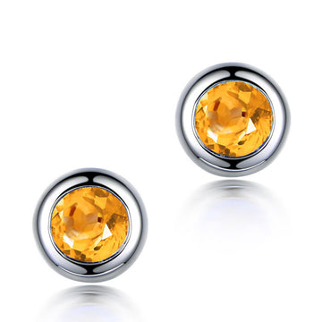 Jolics Round Bezel Natural Citrine Silver Stud Earrings