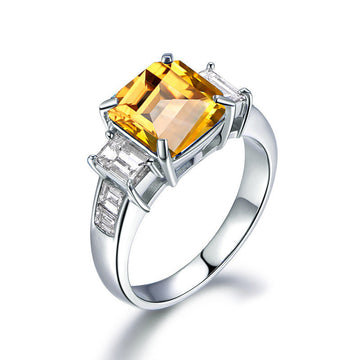 Jolics Radiant Cut Three Stone Natural Citrine Silver Ring