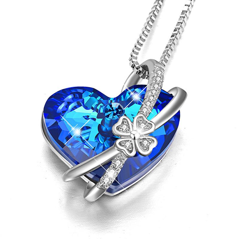 Blue Heart Flower Pendant Necklace With Stones - jewel-inside