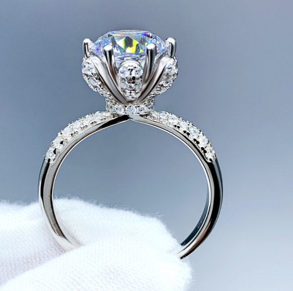 Moissanite Round Cut Fashion Flower Sterling Silver Wedding Ring