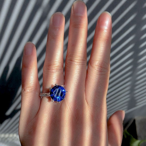 Jolics Handmade 8.0 CT Round Sapphire Blue Silver Ring