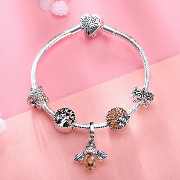 Bee and Flower 925 Sterling Silver Beads Bracelet - jolics