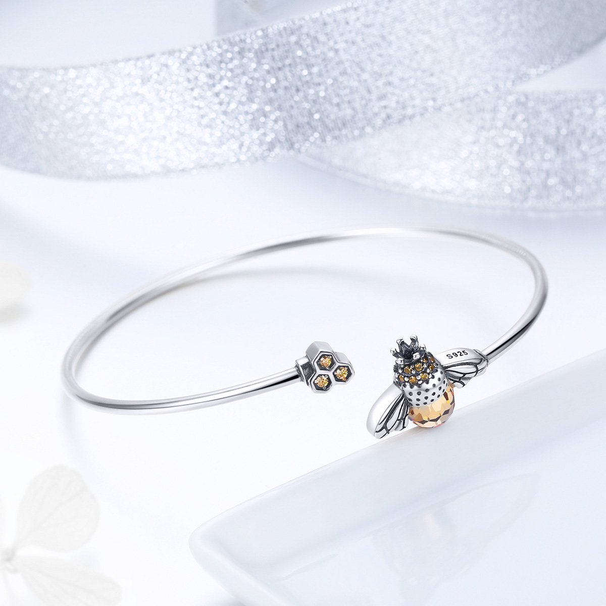 Bees 925 Sterling Silver Open Bangle - jolics