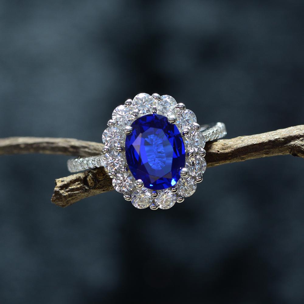 Blue Oval Cut Halo 925 Sterling Silver Ring - jolics