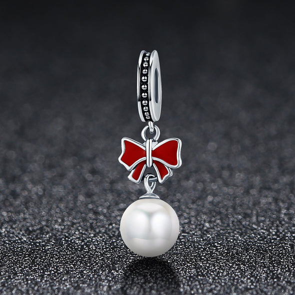 Christmas Bow with Pearl 925 Sterling Silver Spacer Charm - jolics