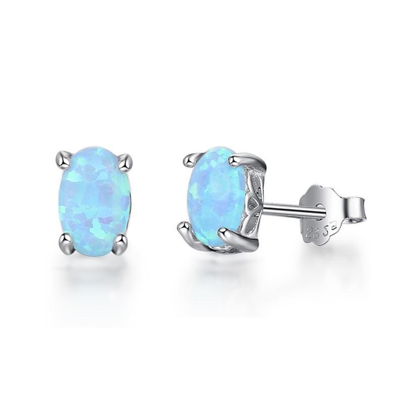 Classic Blue Opal Oval Silver Earrings - jolics