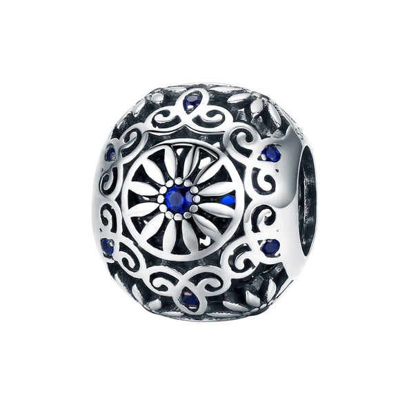 Daisy with Blue Center Stone 925 Sterling Silver Bead Charm - jolics