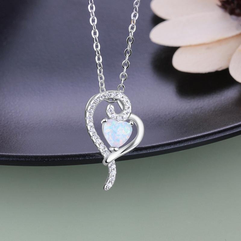 Double Heart Design White Opal Silver Necklace - jolics