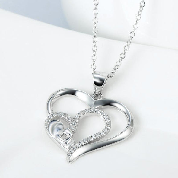 Double Heart Pendant Necklace with Mother and Child - jolics