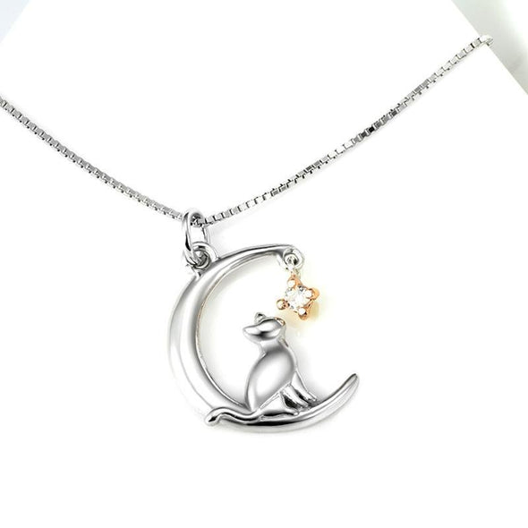 Fancy Moon Pendant Necklace With Cat - jolics
