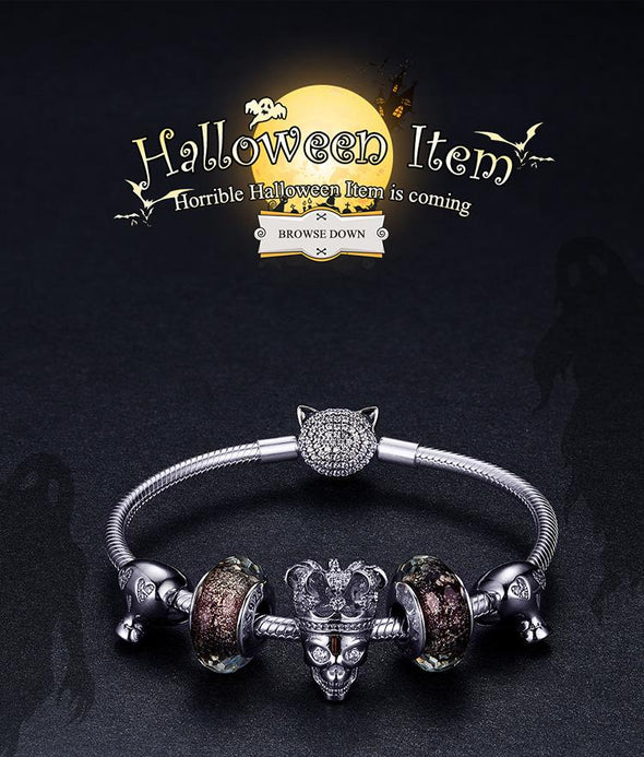 Halloween Skull With Crown 925 Sterling Silver Bead Charm - jolics