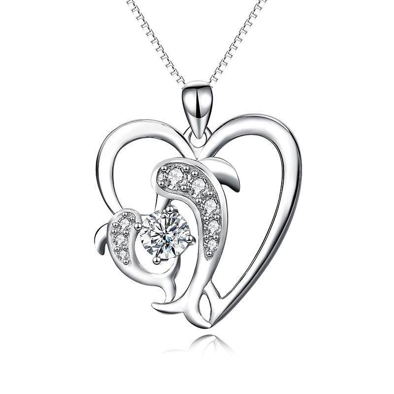 Heart Dolphin Pendant Necklace With Stones - jolics