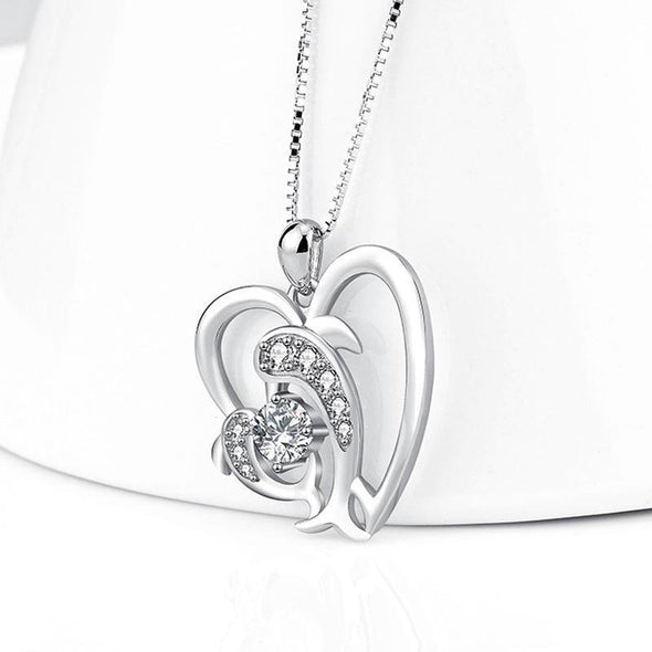 Heart Dolphin Pendant Necklace With Stones - jolics
