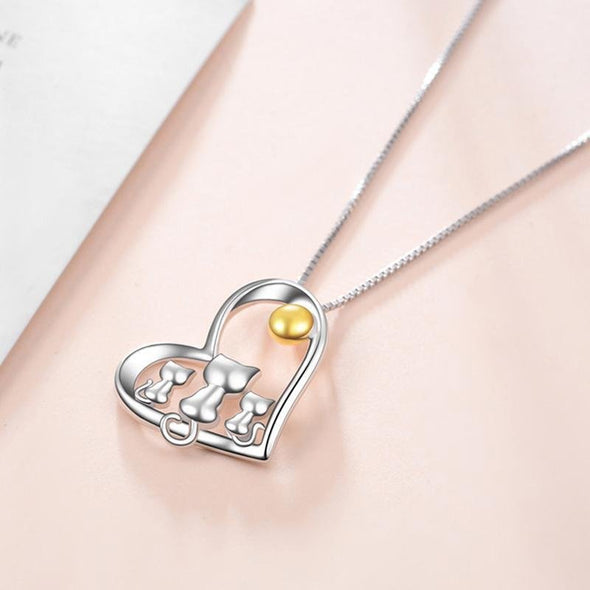 Heart Pendant Necklace With Family Cat - jolics