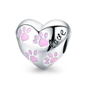 Heart Shape Pink Cat's Paw 925 Sterling Silver Bead Charm - jolics