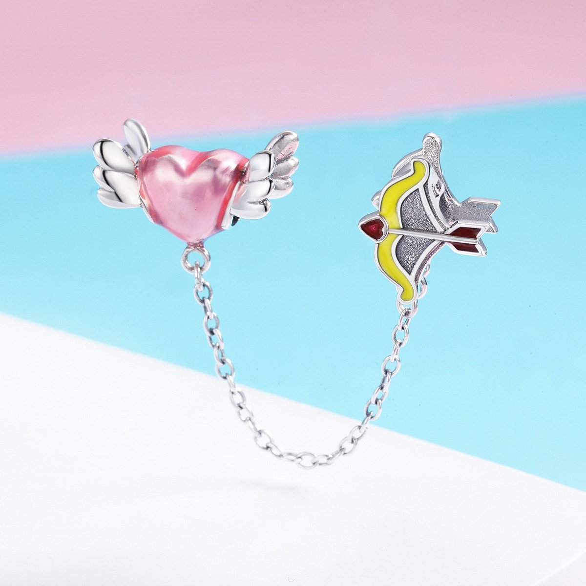 Heart with Bow and Arrow 925 Sterling Silver Safety Chain Charm - jolics