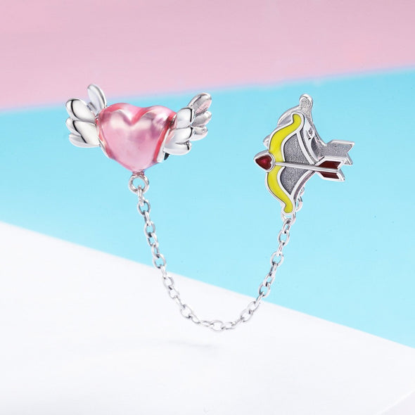 Heart with Bow and Arrow 925 Sterling Silver Safety Chain Charm - jolics