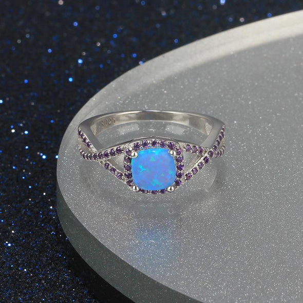 Intertwined Opal Halo Ring With Purple Stones - jolics