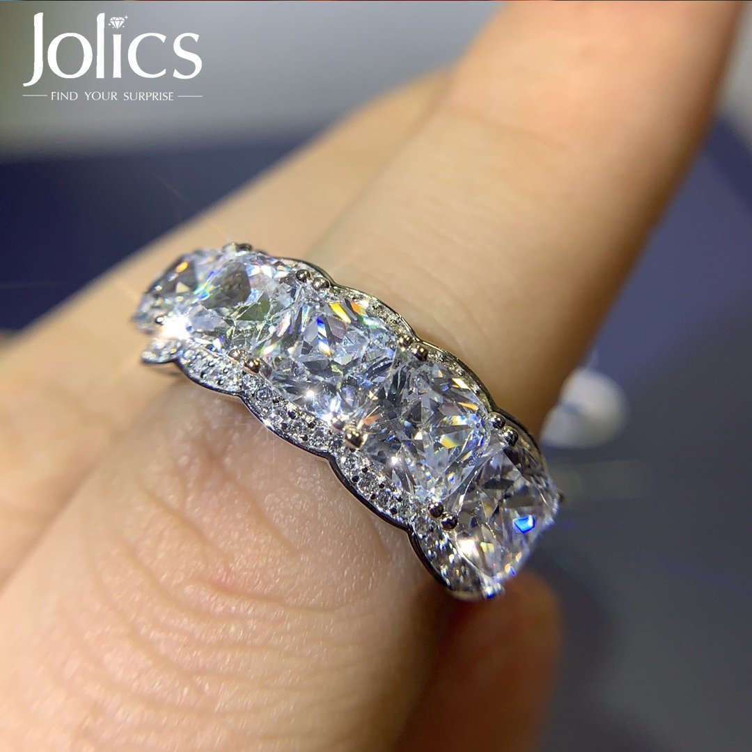 Jolics Handmade 4ct Cushion Cut Halo Silver Wedding Band - jolics