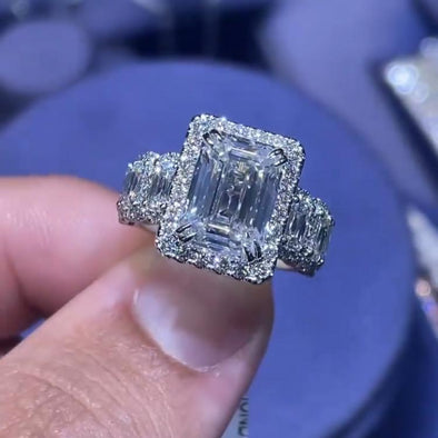 Jolics Handmade Classic Halo Emerald Cut Sterling Silver Anniversary & Engagement Ring - jolics