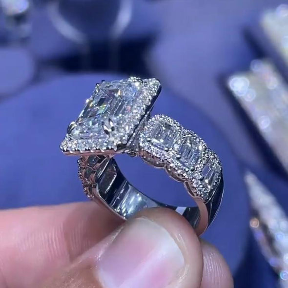 Jolics Handmade Classic Halo Emerald Cut Sterling Silver Anniversary & Engagement Ring - jolics
