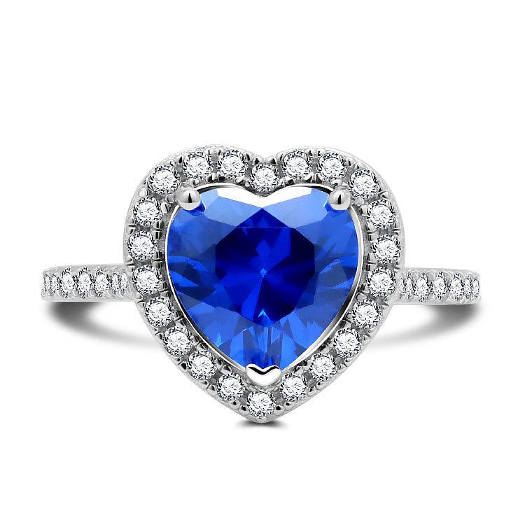 Jolics Handmade Elegance Blue Sapphire Heart Cut Halo 925 Sterling Silver Ring - jolics