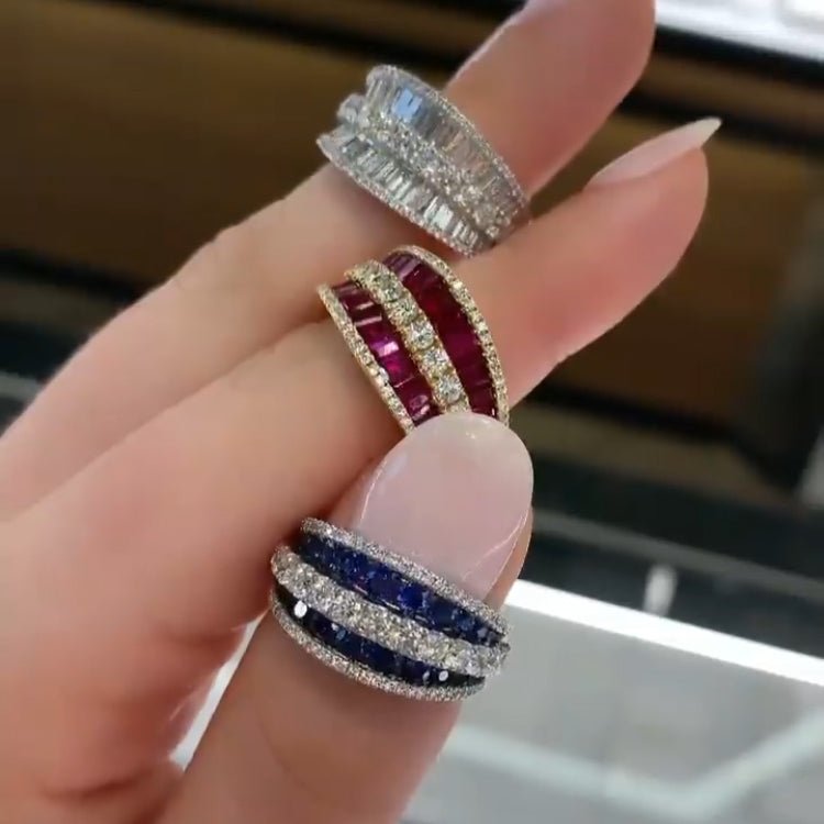 Jolics Handmade Emerald Cut Ruby&Sapphire Sterling Silver Wedding Band - jolics