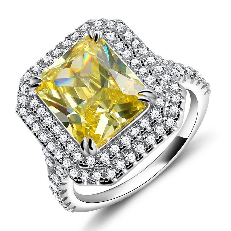 Jolics Handmade Radiant Cut Double Halo Yellow Sapphire Sterling Silver Engagement & Wedding Ring - jolics