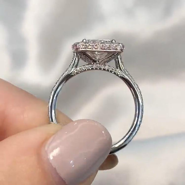 Jolics Handmade Radiant Cut Halo Light Pink Sterling Silver Engagement Ring - jolics