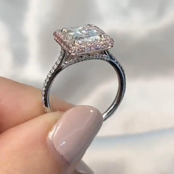 Jolics Handmade Radiant Cut Halo Light Pink Sterling Silver Engagement Ring - jolics