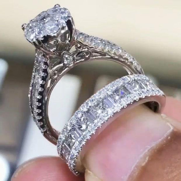 Jolics Handmade Round Cut 925 Sterling Silver Engagement Set Ring - jolics