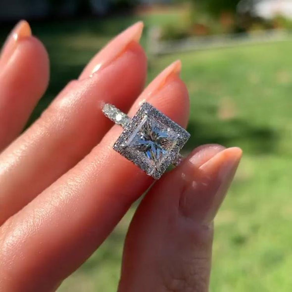 Jolics Handmade Sparkle Halo Princess Cut 925 Sterling Silver Engagement & Wedding Ring - jolics