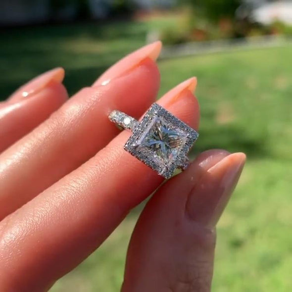 Jolics Handmade Sparkle Halo Princess Cut 925 Sterling Silver Engagement & Wedding Ring - jolics