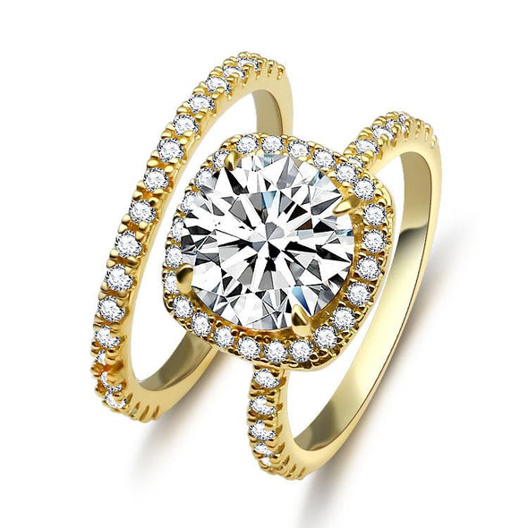 Jolics Handmade Sparkle Yellow Gold Halo Round Cut 925 Sterling Silver Engagement Ring Set - jolics