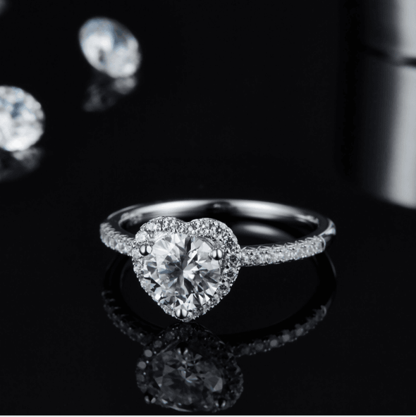 Jolics Heart Halo Round Cut Moissanite Sterling Silver Engagement Ring - jolics