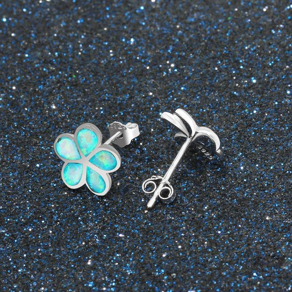Leaf Design Blue Opal Silver Earrings - jolics