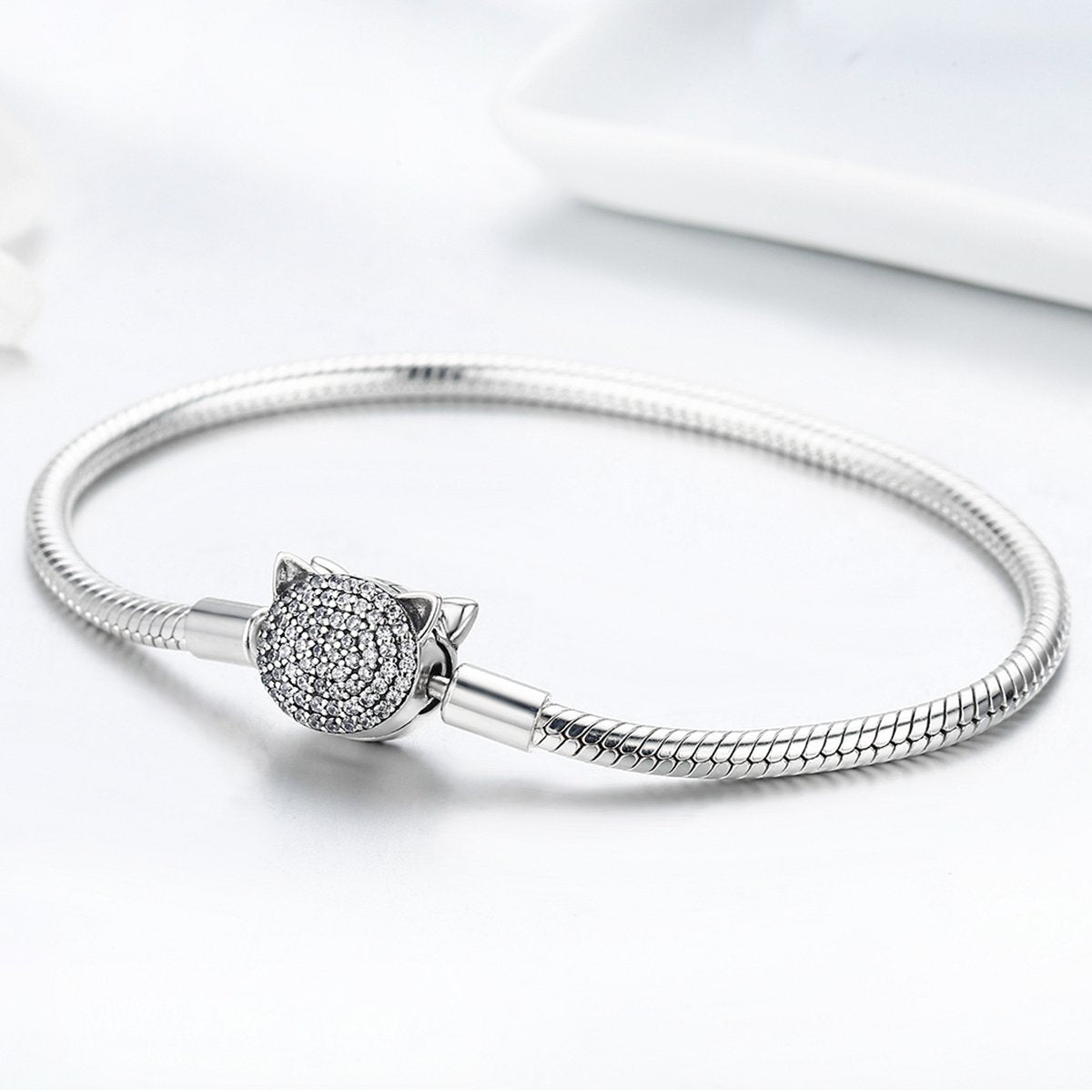 Lovely Cat Clasp 925 Sterling Silver Snake Chain Bracelet - jolics