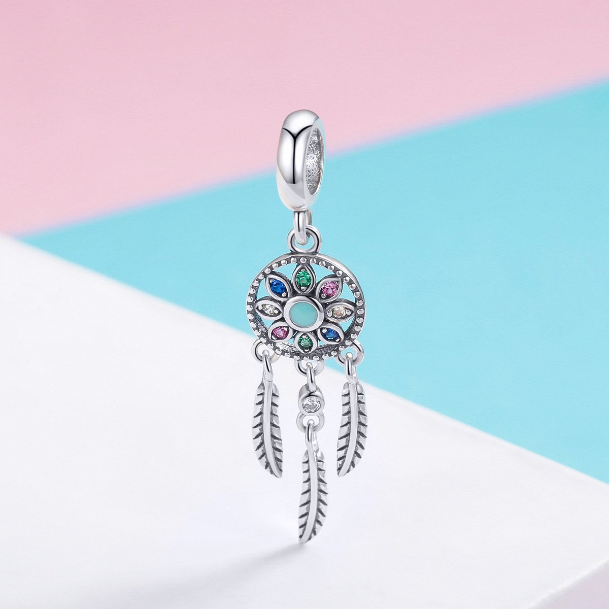 Multi Stone Dreamcatcher 925 Sterling Silver Dangle Charm - jolics