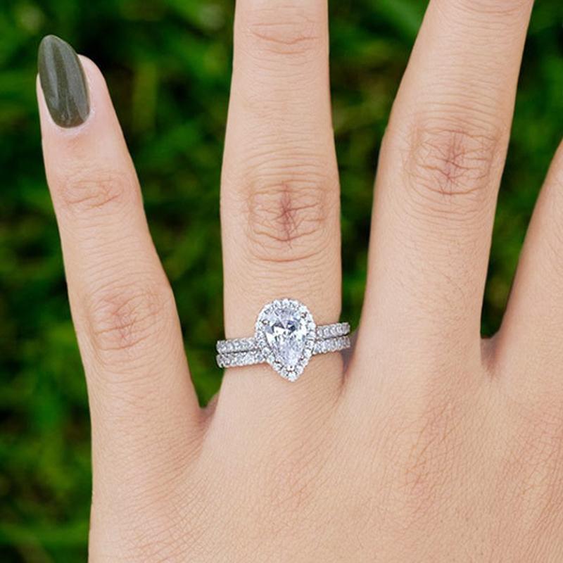 Pear Cut Halo Created White Sapphire Wedding Set - jolics