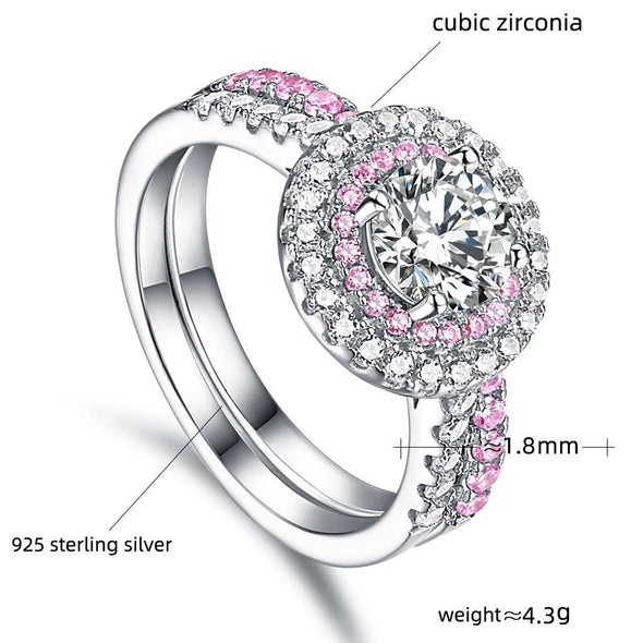 Pink Color Halo With Center Stone 925 Sterling Silver Ring Set - jolics