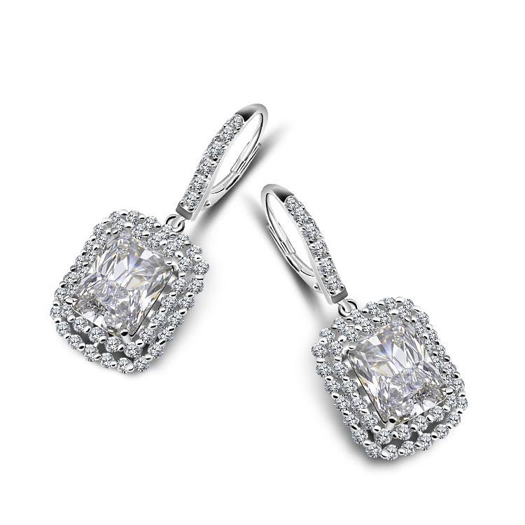 Princess Cut Double Halo Silver Earrings - jolics