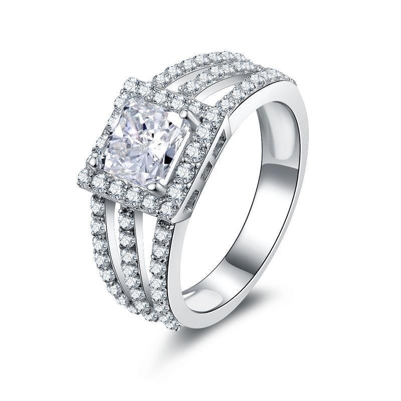 Princess Cut Halo Triple Row Stone Split Ring - jolics