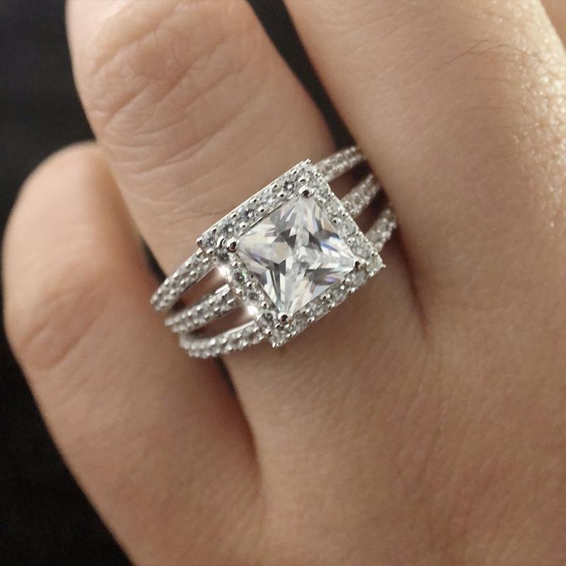 Princess Cut Halo Triple Row Stone Split Ring - jolics