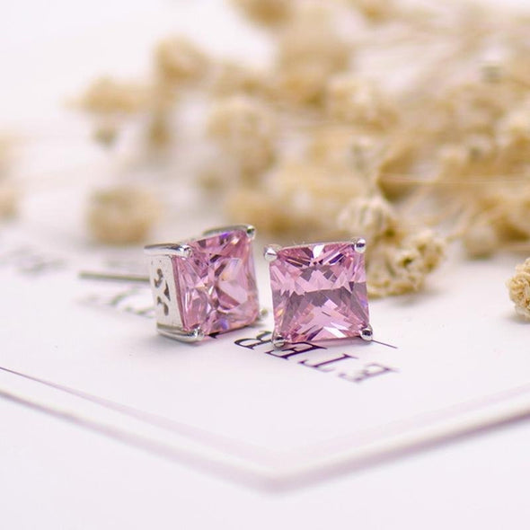 Princess Cut Pink Stone Earrings - jolics