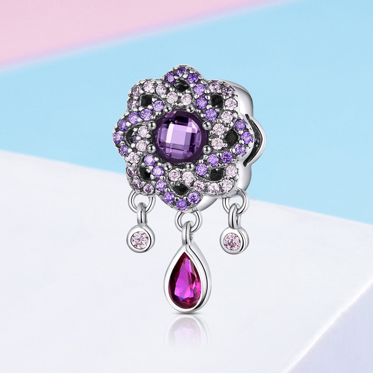 Purple Flower 925 Sterling Silver Dangle Charm - jolics