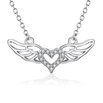 Rhodium Plated Sterling Silver CZ Angel Wings Pendant Necklace - jolics