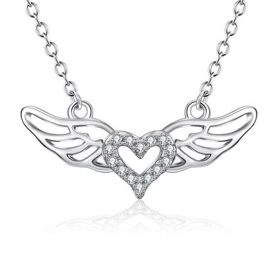 Rhodium Plated Sterling Silver CZ Angel Wings Pendant Necklace - jolics
