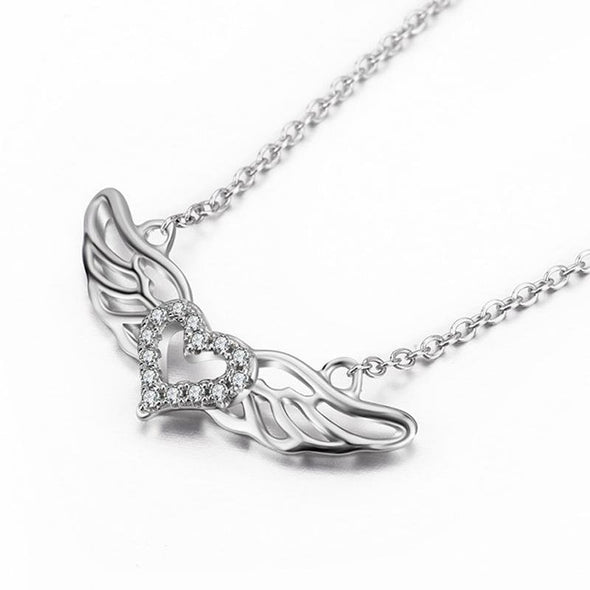 Rhodium Plated Sterling Silver CZ Angel Wings Pendant Necklace - jolics