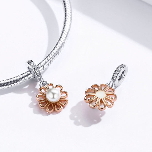 Rose Gold Pearl Flower 925 Sterling Silver Dangle Charm - jolics