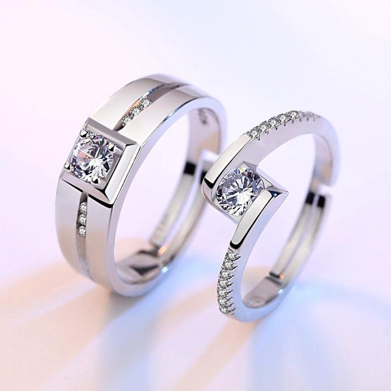 Round Cut Bypass Silver Open Couple Rings - jolics